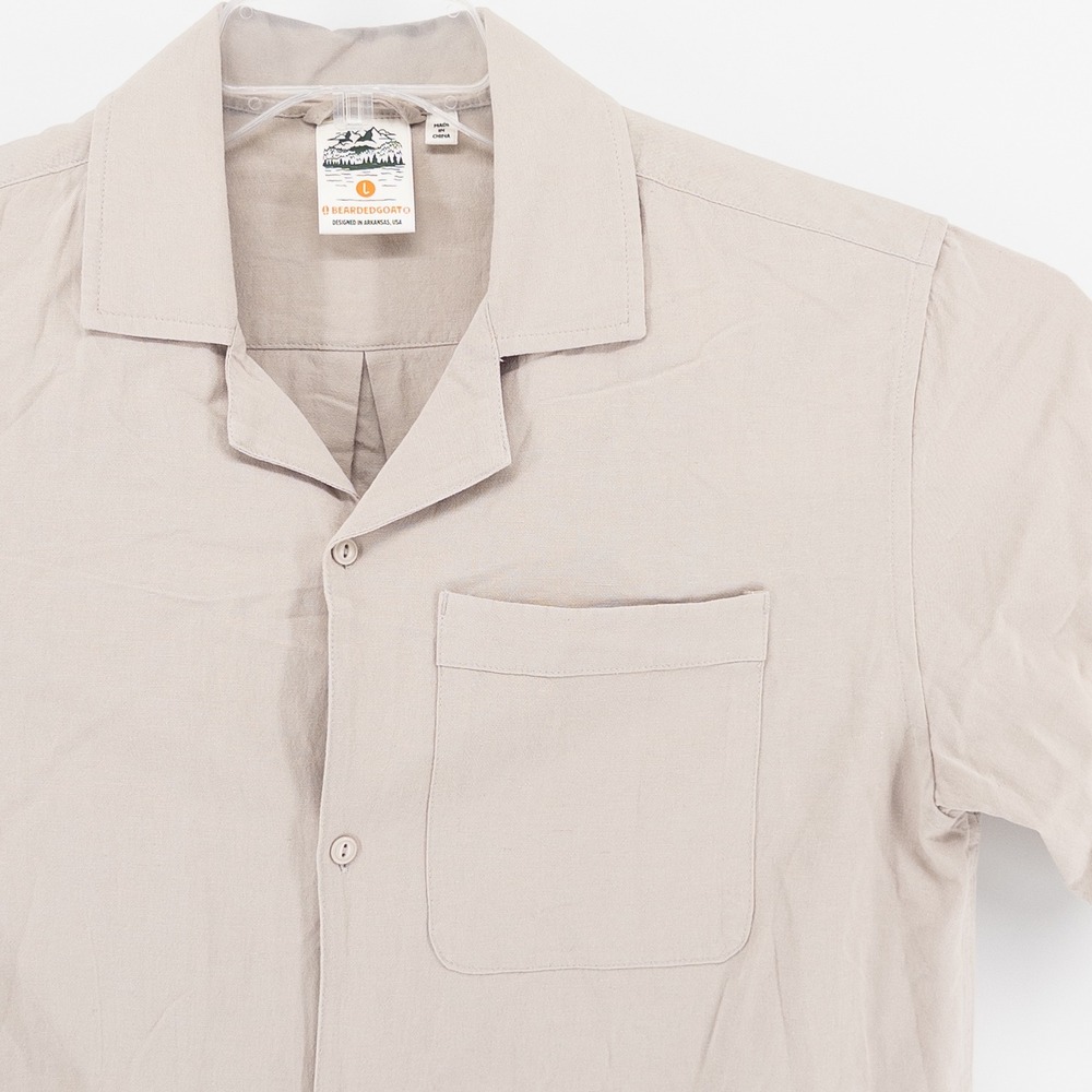 Bearded Goat Mens L Linen Blend Button Up Shirt Tan Camp Collar Summer Casual